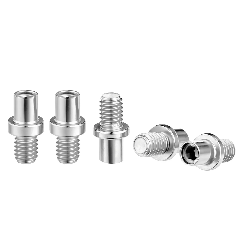 Custom connector studs combining external threaded ends with smooth sections and collars