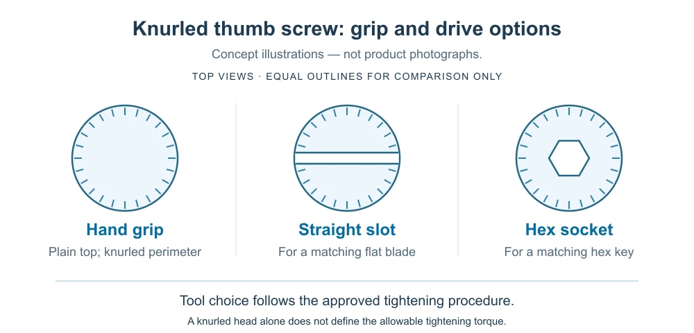 Knurled thumb screw head concepts comparing hand grip, straight slot and hex socket