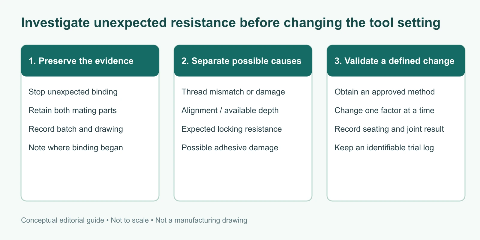 Three-stage investigation workflow: stop and preserve evidence, separate possible causes, validate an approved process