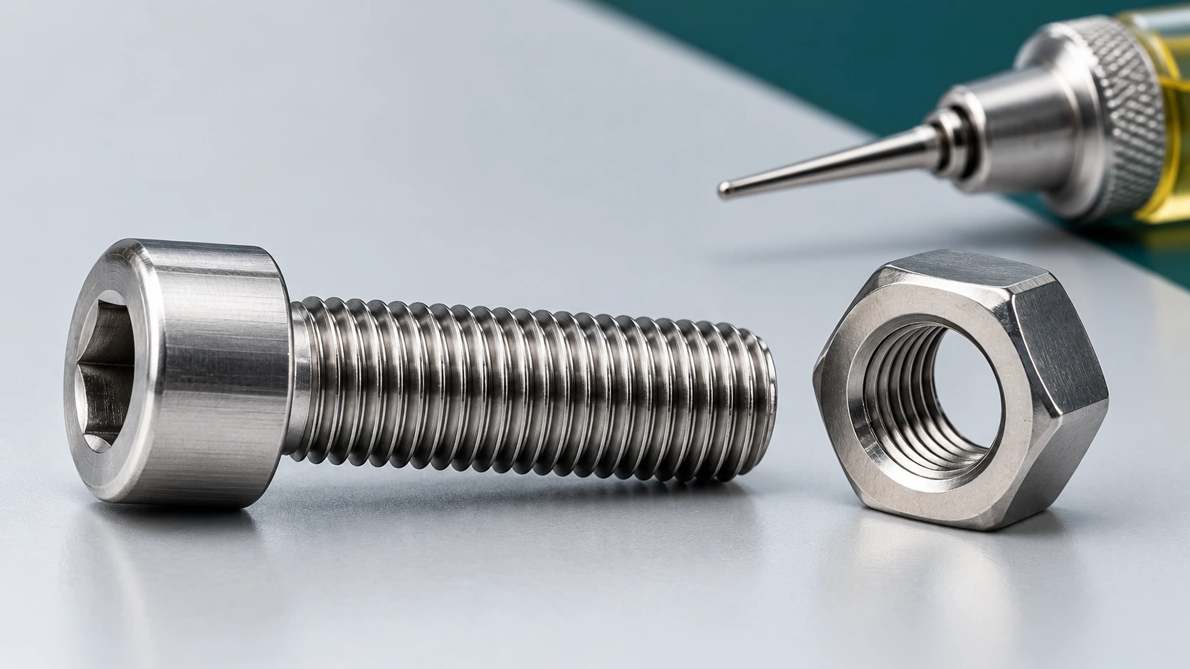 AI editorial concept of a machine screw, hex nut and precision lubrication applicator