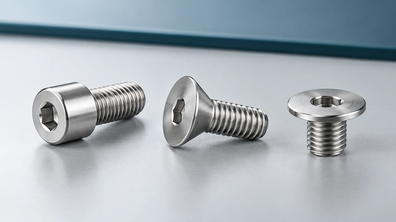 Three illustrative machine screws with different head profiles and visible socket drives