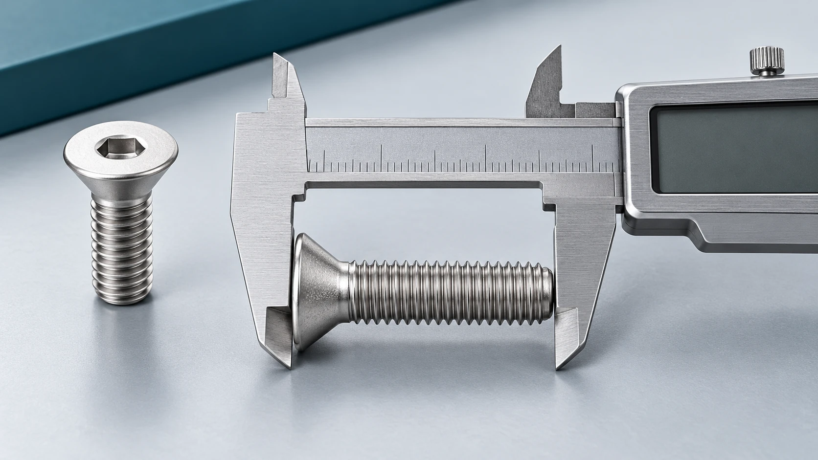 Caliper and countersunk screws in an illustrative measurement scene
